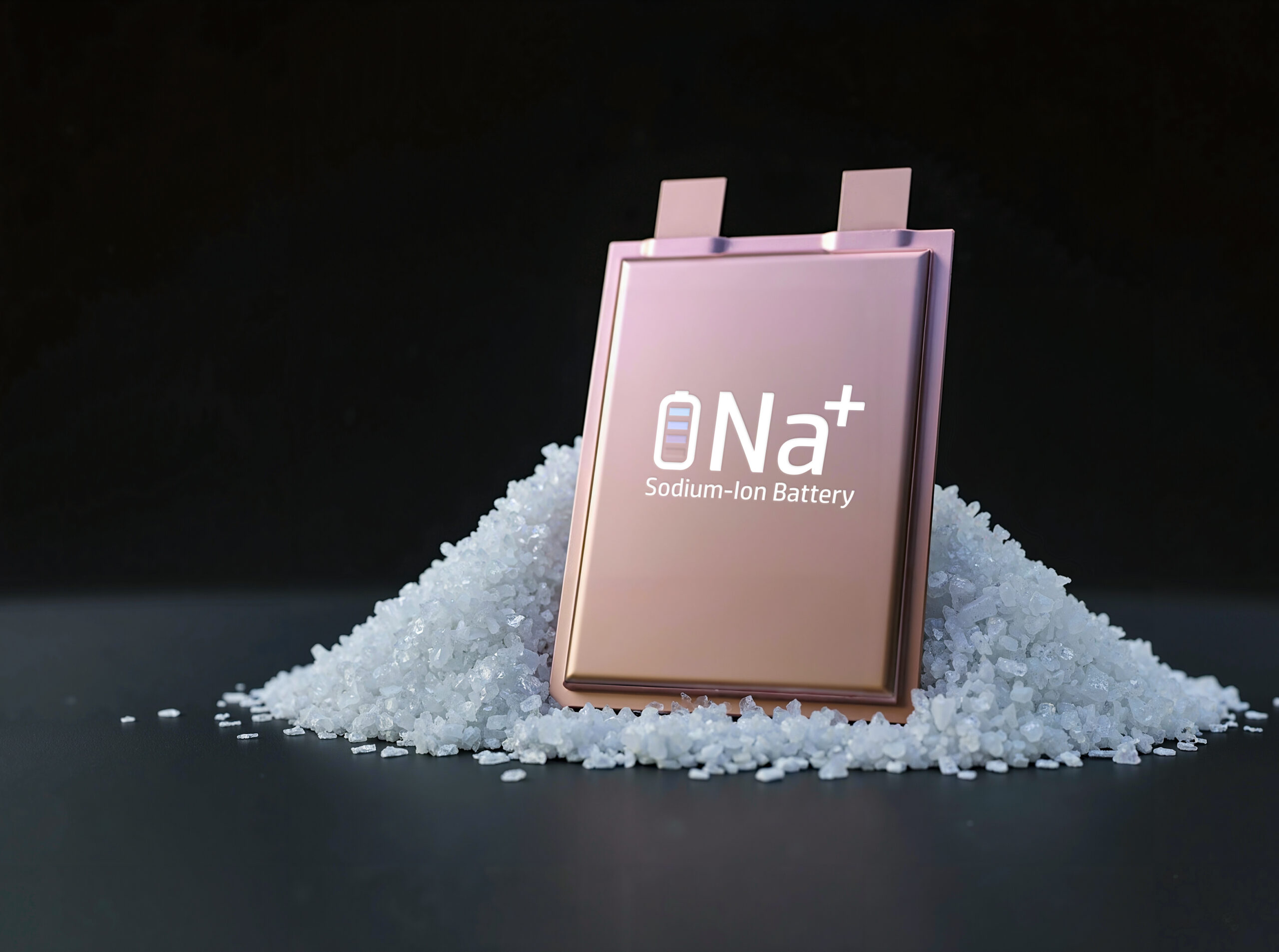 Sodium-ion battery placed on a pile of salt.
