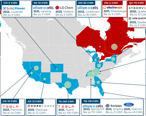 Batterieprojekte in Nordamerika (Stand: Januar 2022)