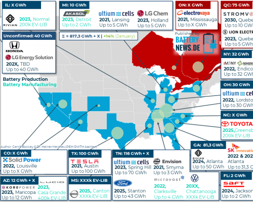 Batterieprojekte in Nordamerika (Stand: Februar 2022)